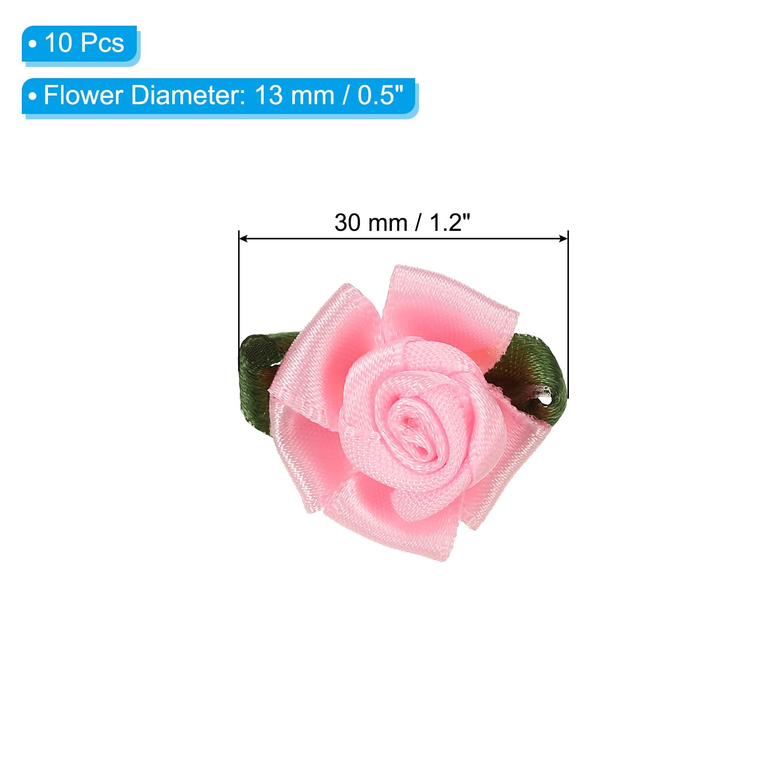 PATIKIL Mini Satin Ribbon Roses, 10 Pcs Small Rosettes Fabric Flowers with Green Leaves for Craft Projects Embellishments Applique Pink - Image 2