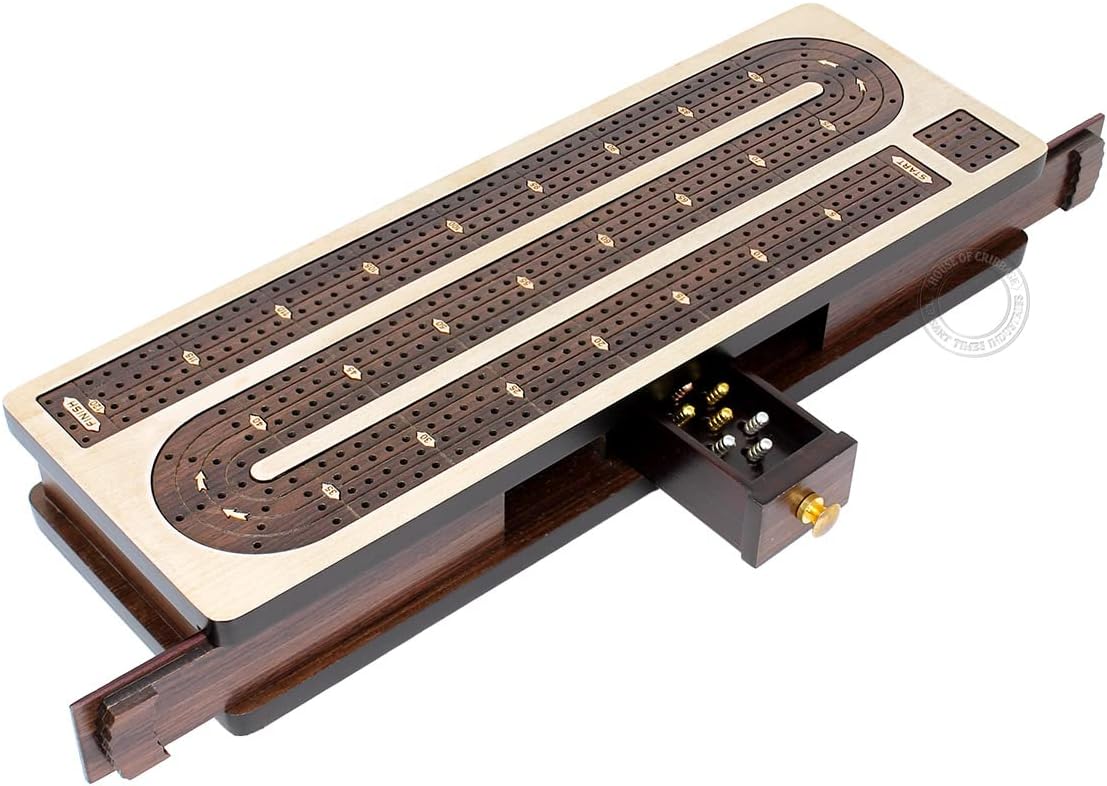 House of Cribbage - Continuous Cribbage Board Inlaid in Maple Wood/Rosewood - 4 Track - Separate Storage Space for Two Deck of Cards & Pegs