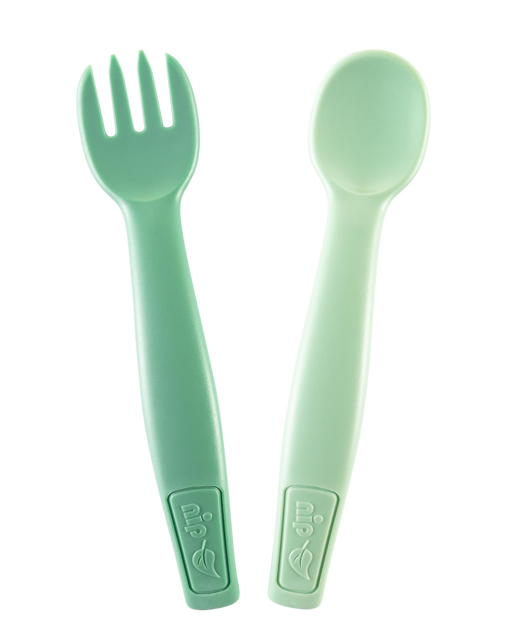 nip Eat Green Öko Organic Learning to Eat Cutlery - Melamine Free - Cutlery for Babies and Children from 9 Months - Dishwasher Safe - Spoon and Fork - Green