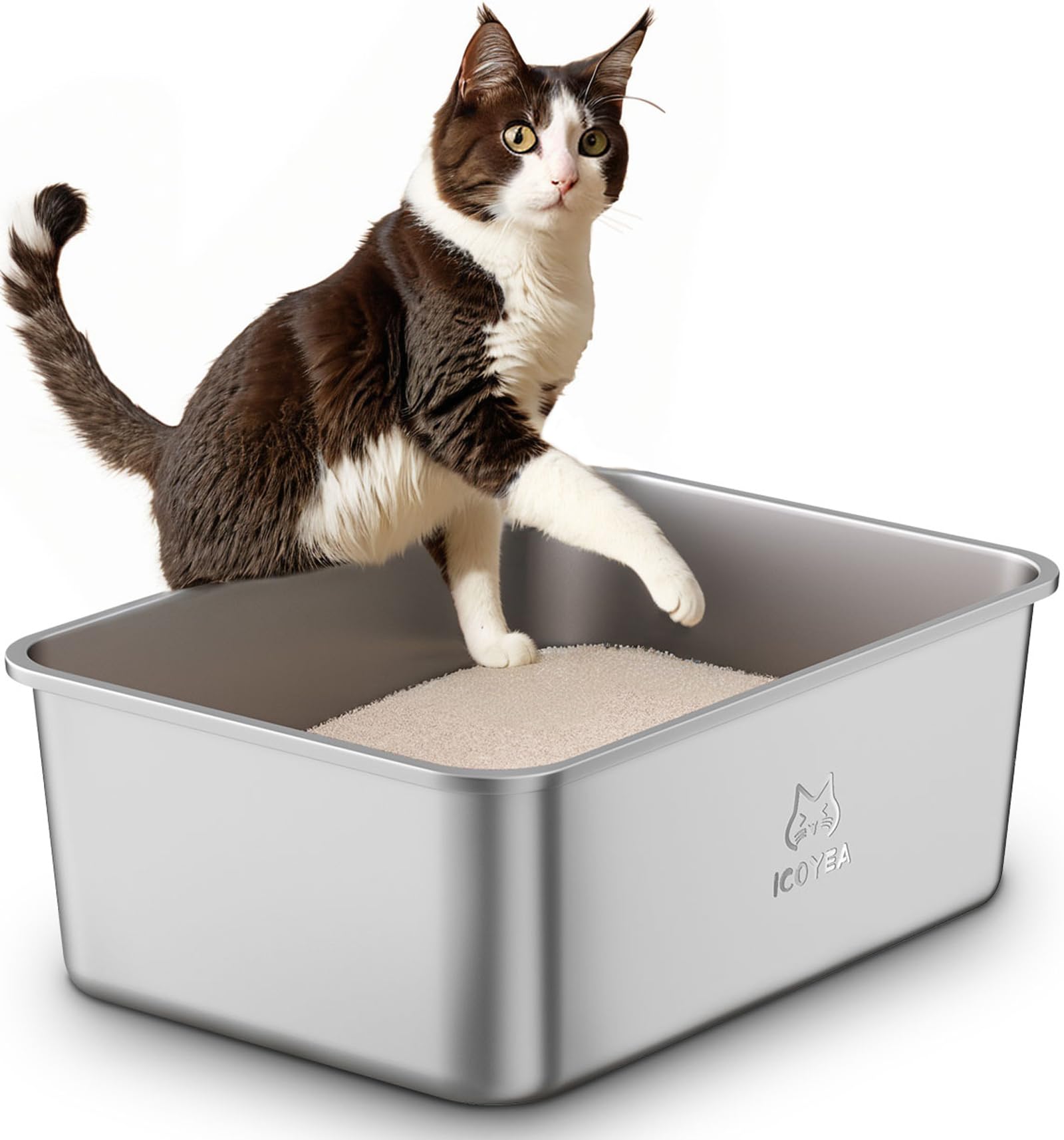 Arenero Gato Acero Inoxidable, Caja de Arena Grande para Gatos, Gatitos y Conejos, Arenero Alto XXL para Gatos, Antiadherente, sin olores y fácil de Limpiar, 50 x 35 x 20cm Global Recycled Standard Global Recycled Standard Global Recycled Standard
