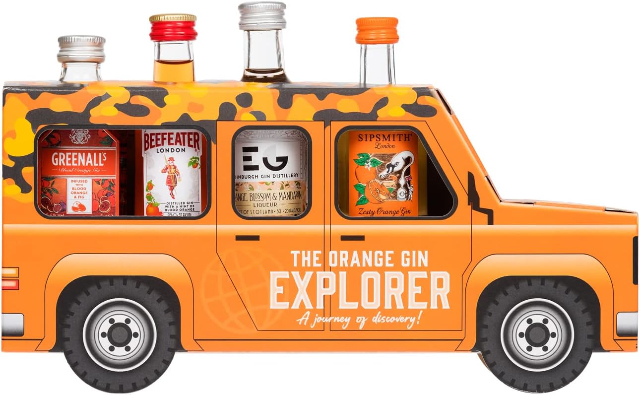 The Orange Gin Explorer Jeep Gift Box includes 4 flavoured 5cl Gins - Novelty...