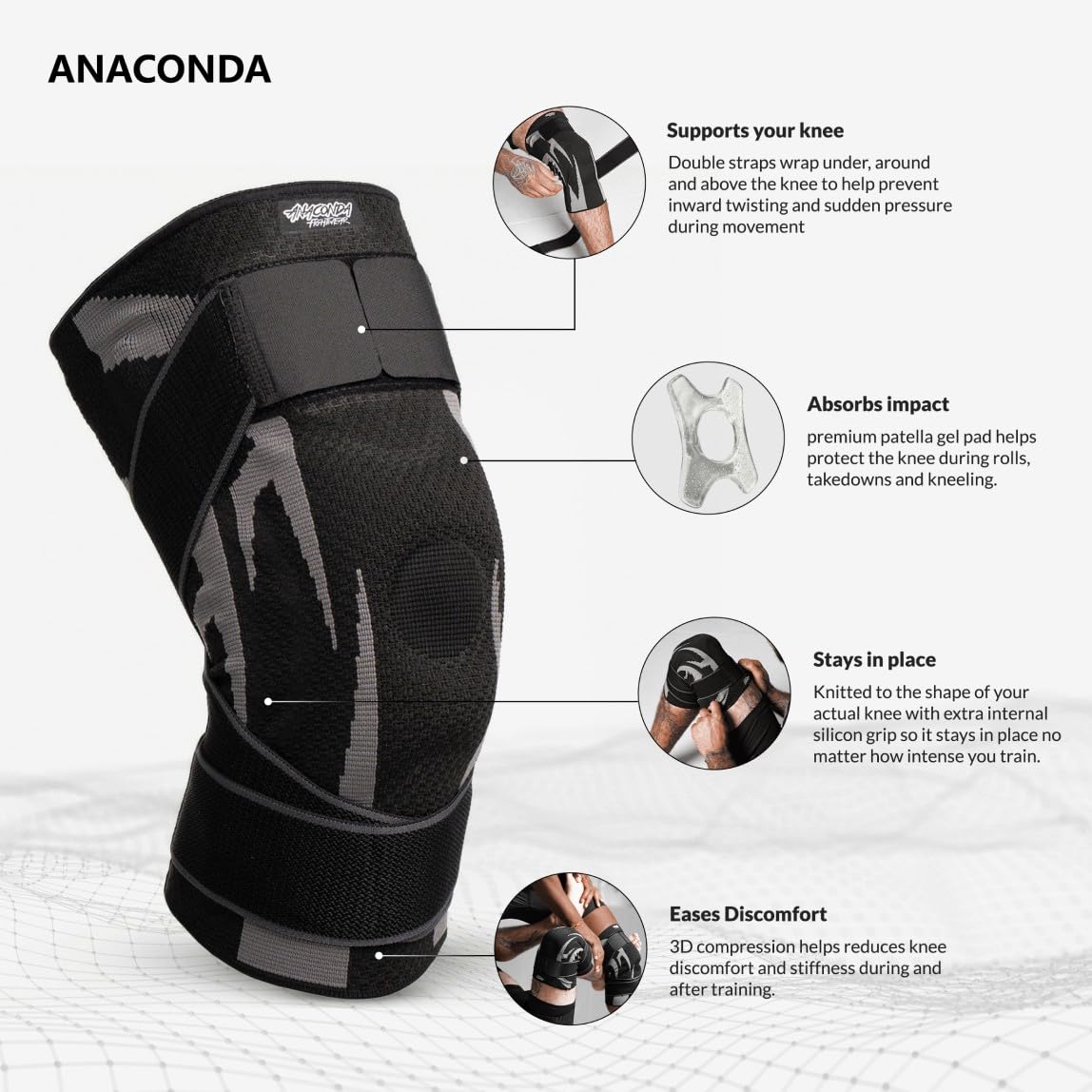 Anaconda Fightwear - Rodillera estabilizadora - Manga de soporte de compresión con estabilizadores de resorte para absorción de impactos y salud de las articulaciones - Se adapta a la pierna izquierda