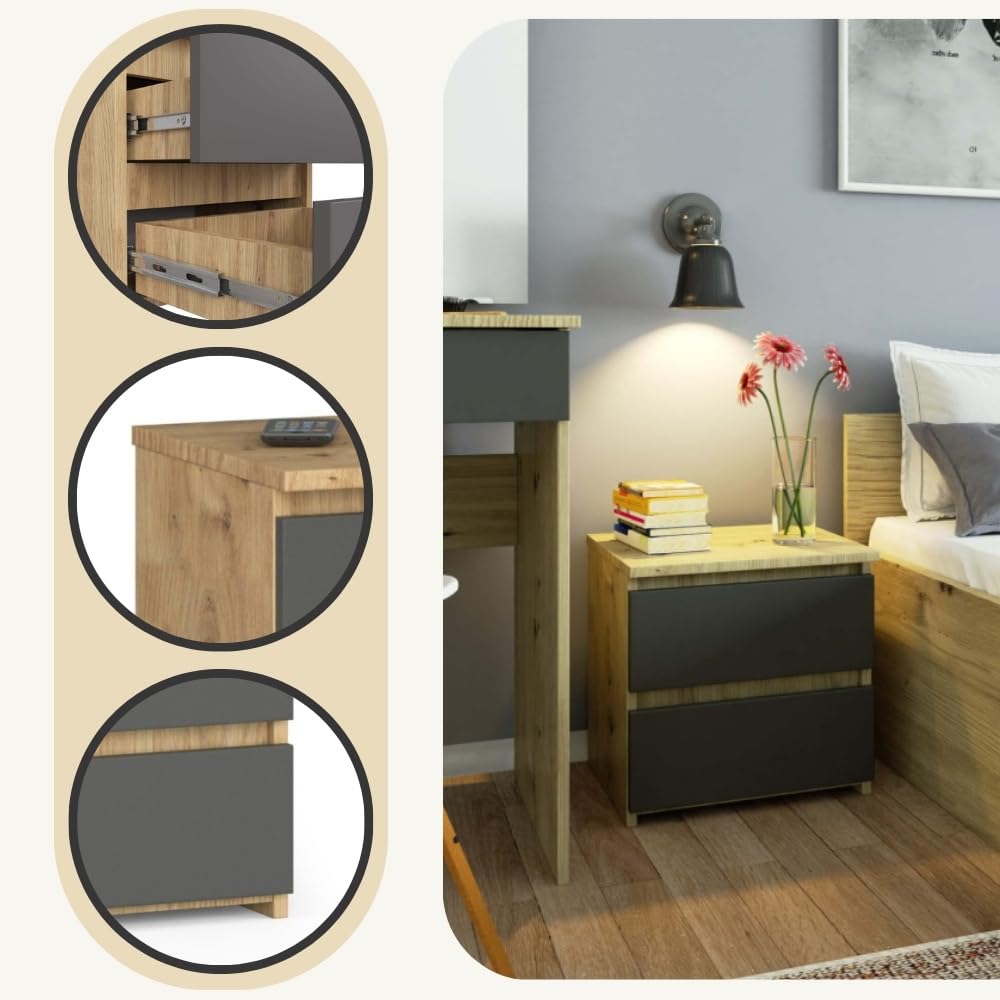 AKORD | Mesita de Noche pequeña con 2 cajones | Armario de Dormitorio | Mueble Multiusos | CajoNero Escritorio | 40 x 40 x 35 cm | Laminado de aglomerado de 16 mm | Roble Artisan
