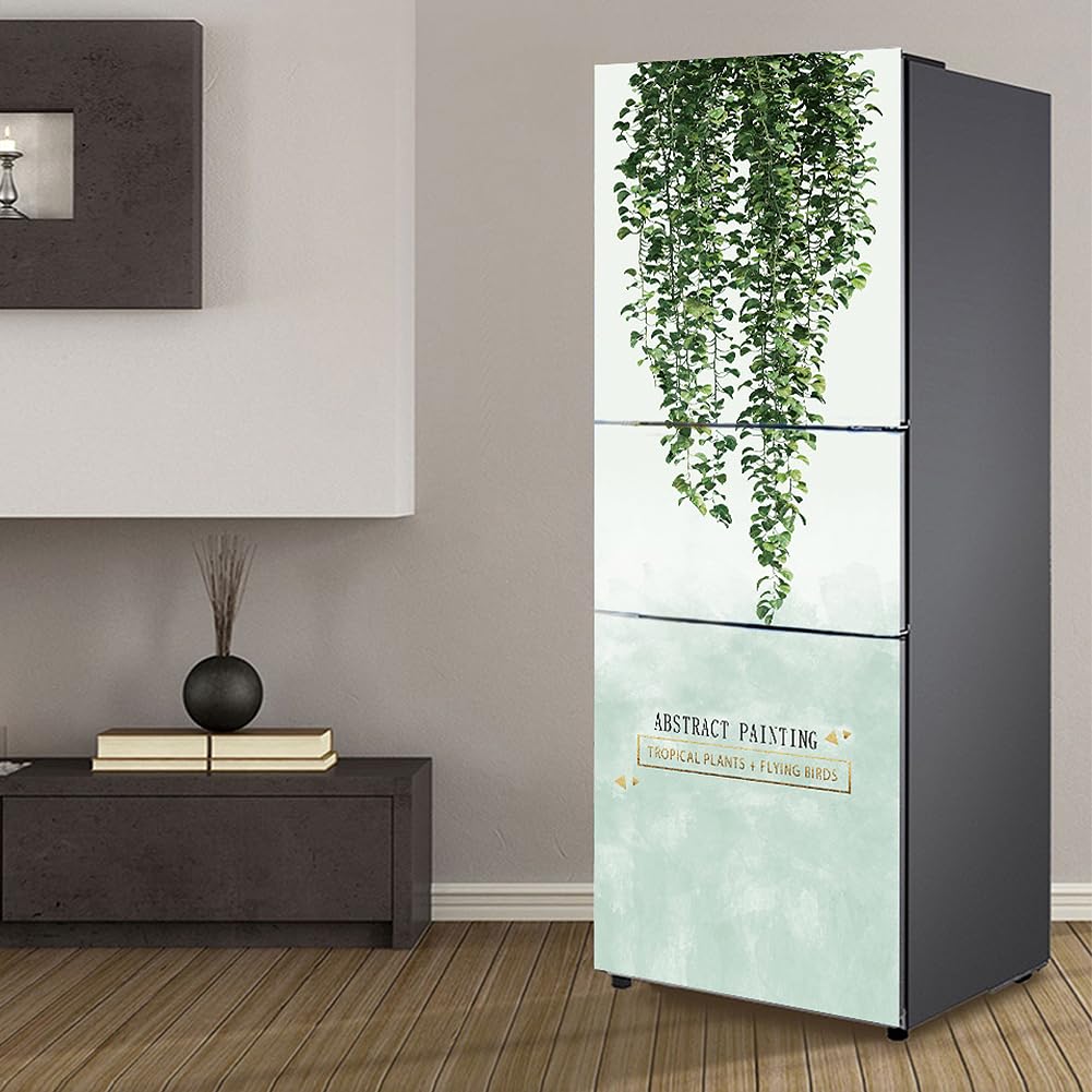 Fridge Sticker, Fridge Sticker Full Covering Door Covers Skins Wall Stickers for Kitchen Decal, Green Leaves Plant(M: 60x180 cm)