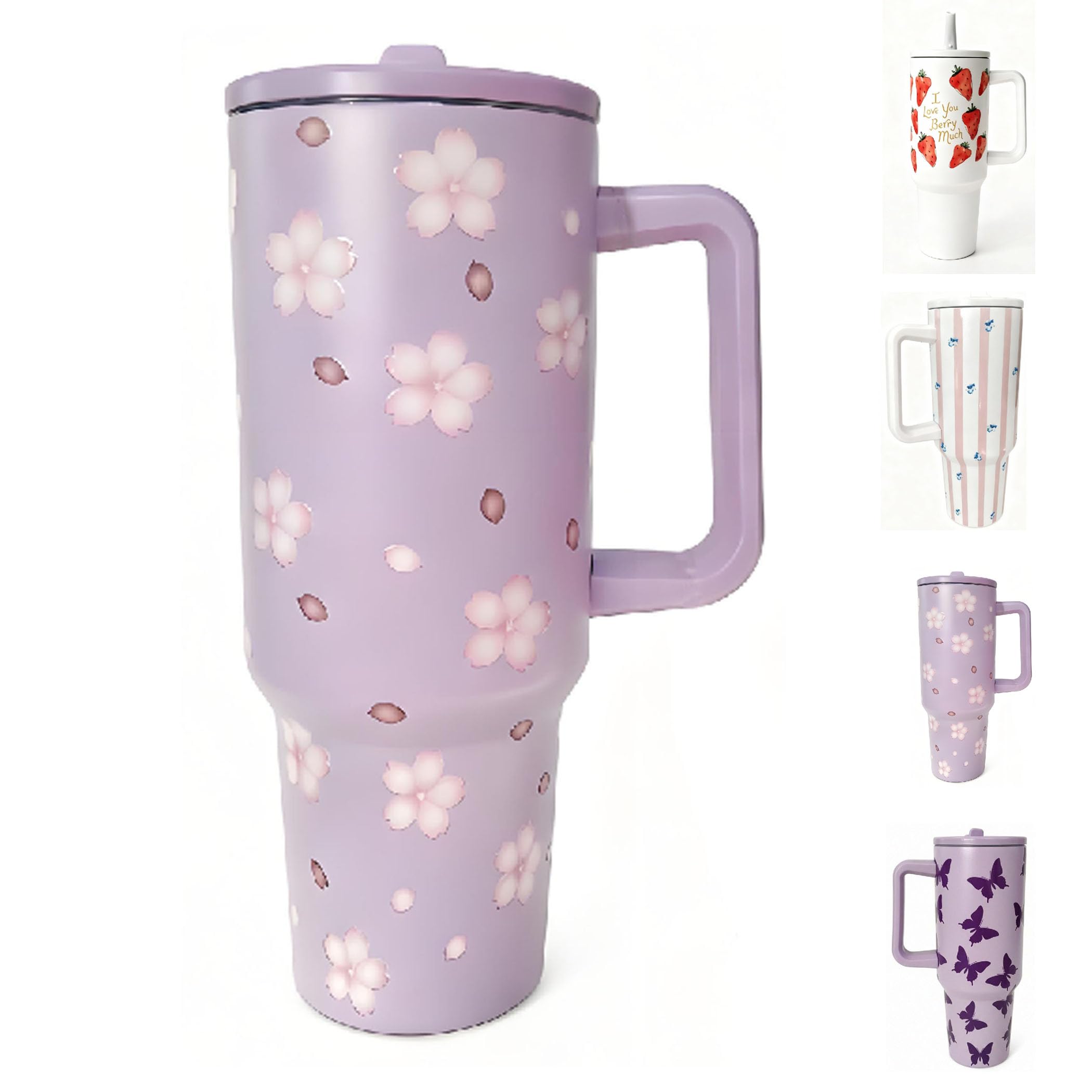 40OZ Cherry Blossom Insulated Tumbler with Handle,Purple Tumbler with Lid and Filp Straw,Stainless Steel Double Wall Vacuum Travel Mug Use for Women Drinks Iced Tea,Hot & Cold Coffee,Cold Juice.