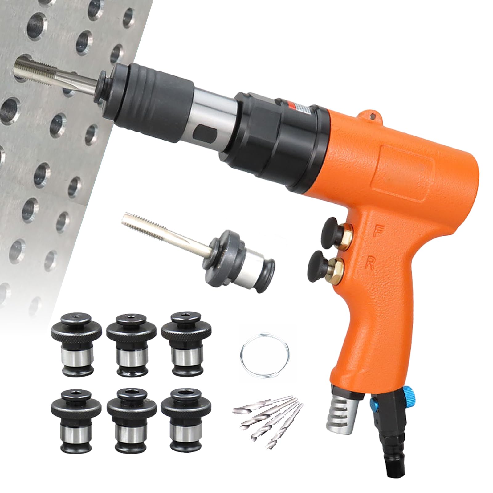 Roscadora Neumática (M3-M12), Roscadora Manual, 2 En 1 (taladrado Y Roscado), Velocidad Ajustable/Cabezal Autoblocante, Fijación (sin Desprendimiento), para Acero Y Hierro,Orange