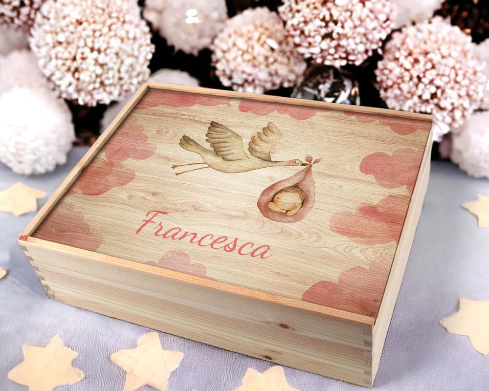 Memory Box Baby Scatola di Legno Personalizzata 36 x 27 x 10 cm Vari Motivi per Nascita e Battesimo Scatola Regalo di Grandi Dimensioni con Coperchio personalizzato (Personalizzata nascita/bambini)
