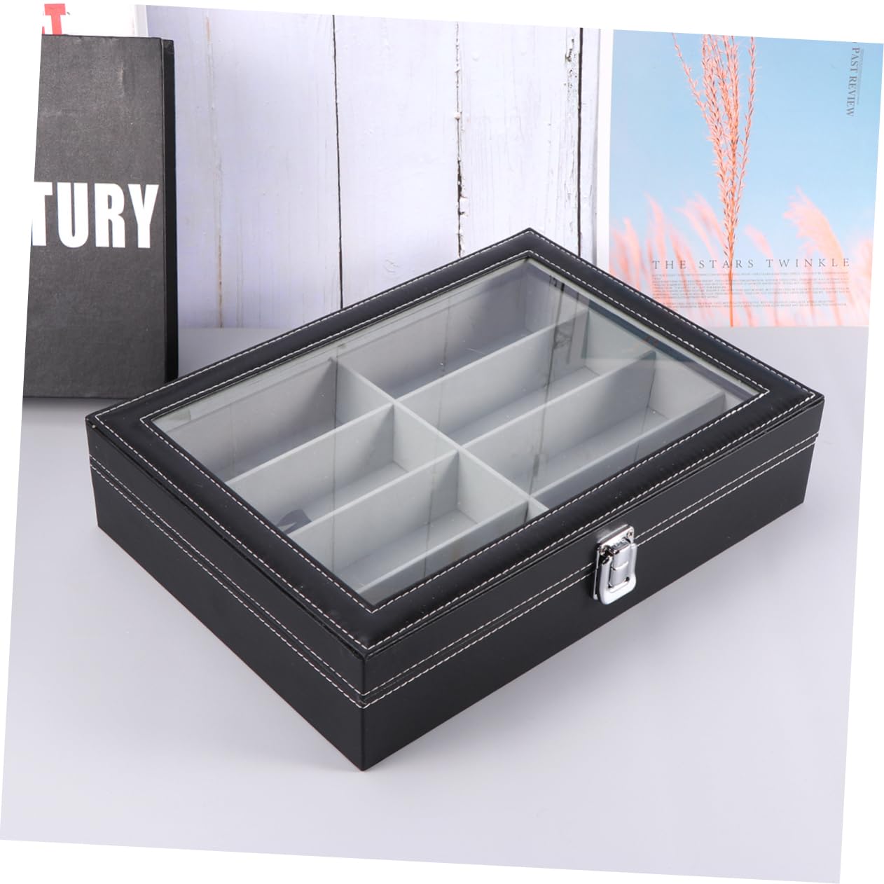 minkissy Estuche Organizador para Gafas De Sol con 8 Compartimentos, Interior De Tela Gris, Tapa De PU Negro con Textura De Punteado, Bandeja para Almacenamiento Seguro y Exhibición En Hogar y Tienda