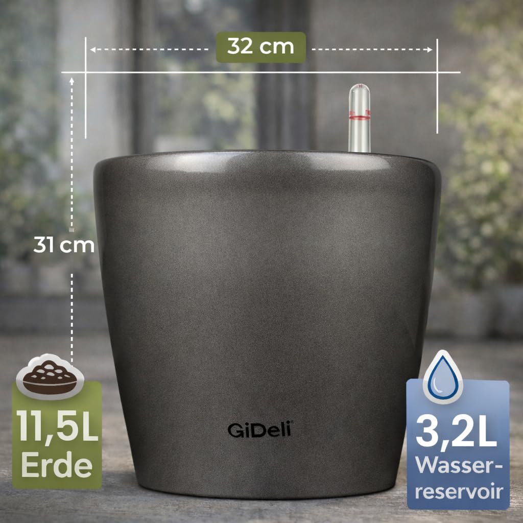 GiDeli Selbstwässernder Blumentopf für Innen - Selbstbewässerungstopf mit Wasserstandsanzeige - Blumentöpfe, der vor Überlaufen und Verrotten Schützt - Zeitsparender Pflanztöpf