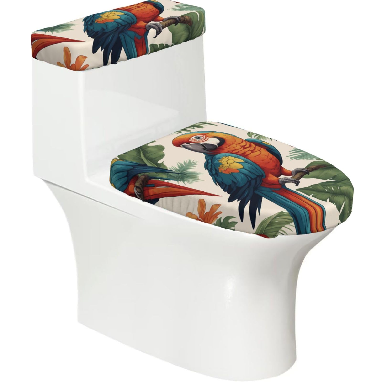 Wzycwb Black Parrot 2-Piece Toilet Seat Cover Set With Tank Lid, Elastic Fit For U-Shape & Elongated Toilets, Bathroom Decor, Housewarming Gift