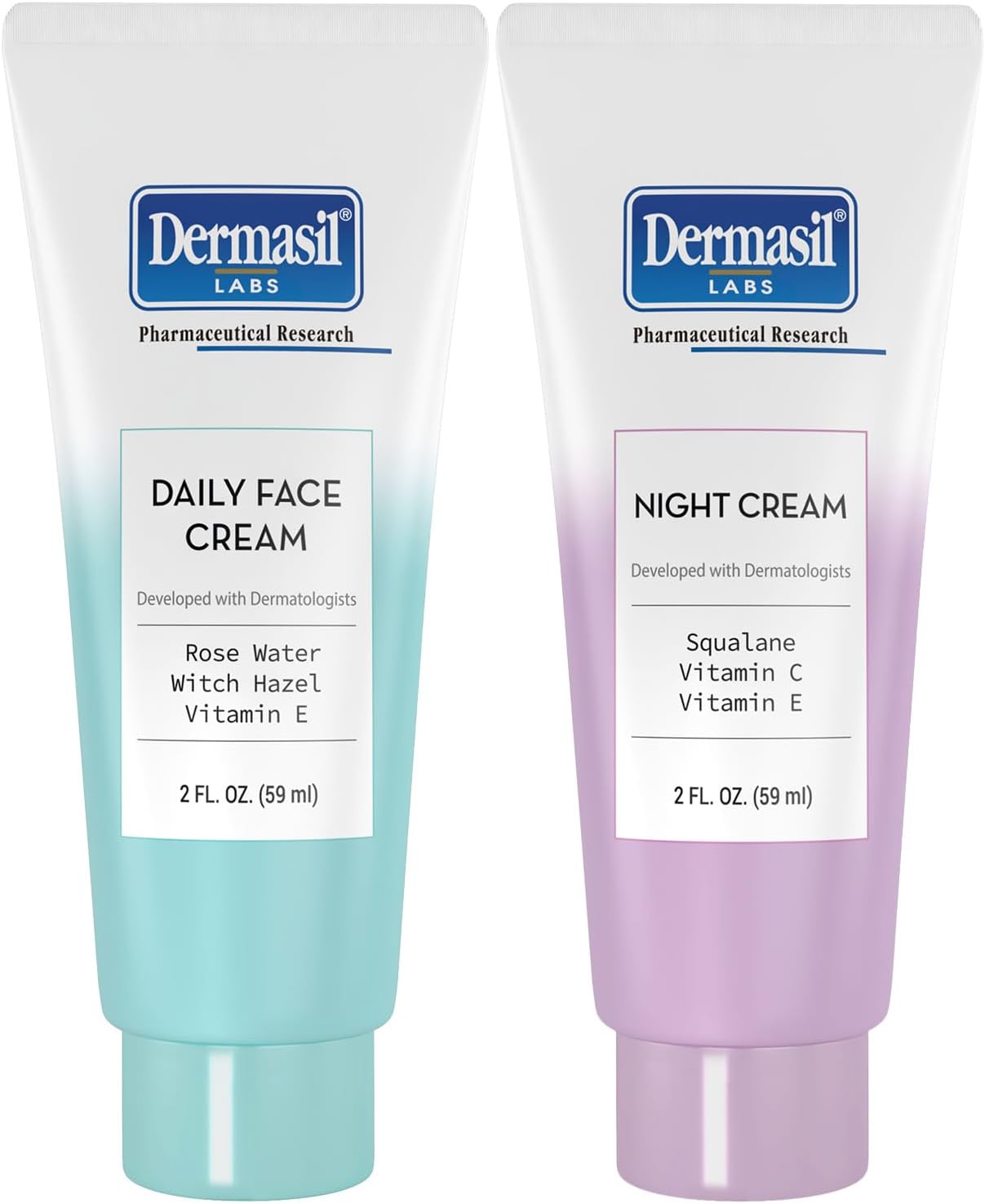 Dermasil Face Moisturizer Variety 2-Pack – Daily Face Cream with Witch Hazel and Rose Water + Night Cream with Vitamin C and Squalane, 2 Oz Ea