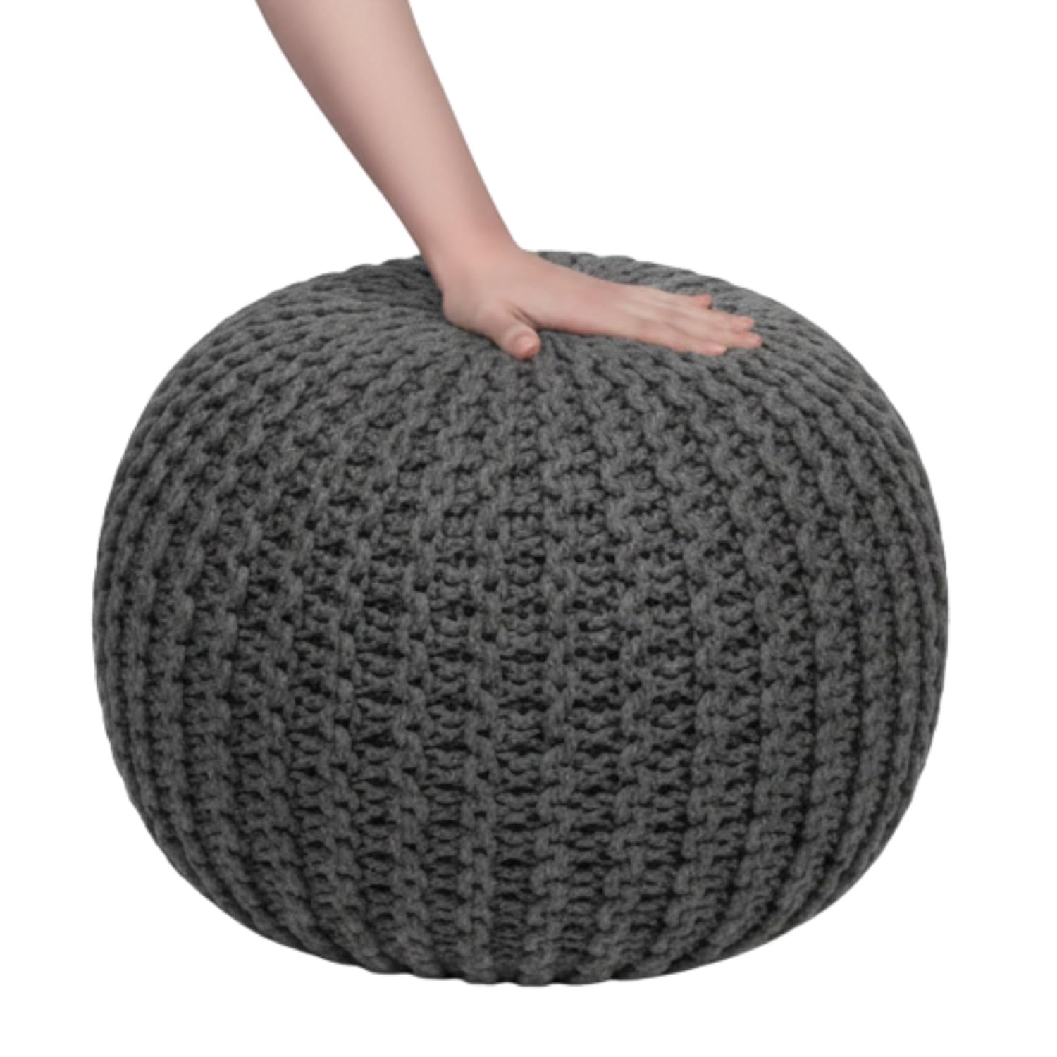 Sapphire Collection Handmade Chunky Knitted Pouffe Footstool – Large Round Ottoman in 100% Cotton for Living Room, Foot Rest & Occasional Seating (Grey)