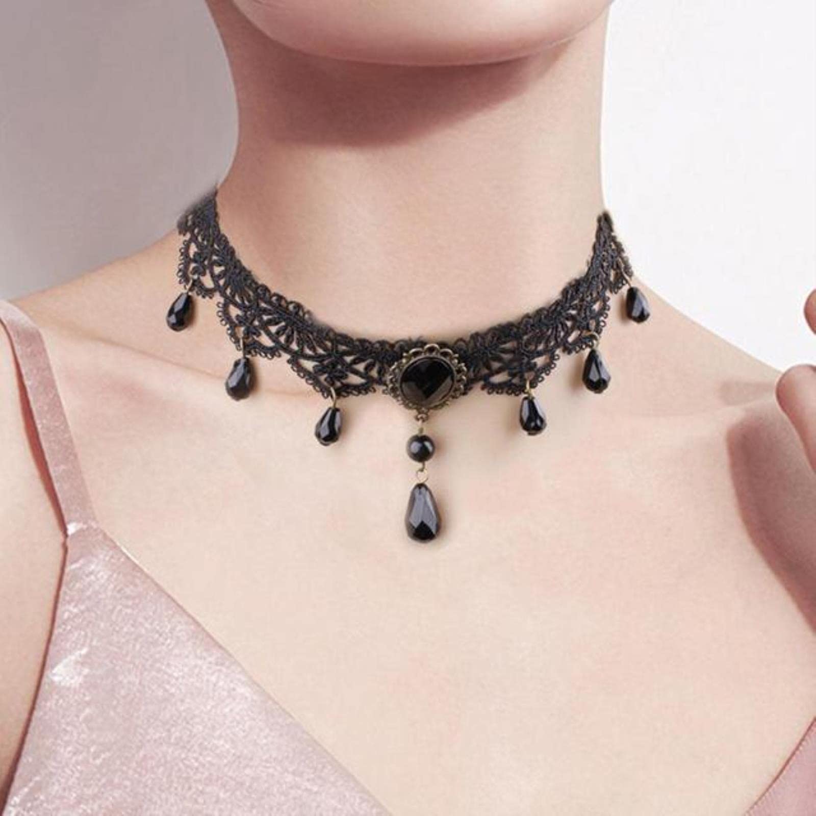 Zxcs Women's Black Fashion Sexy Gothic Chokers Crystal Lace Neck Choker Necklace Vintage Victorian Chocker Steampunk Jewelry