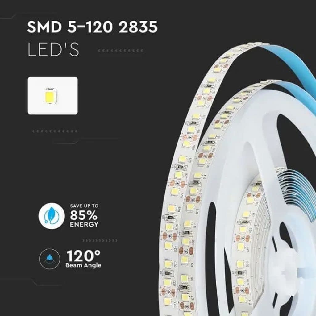 V-TAC Ruban LED bobine de 5 mètres 12 W au mètre ruban lumineux SMD 2835 Couleur de la lumière blanche naturelle 4000 K d'intérieur avec bande adhésive, alimenté à 12 V.