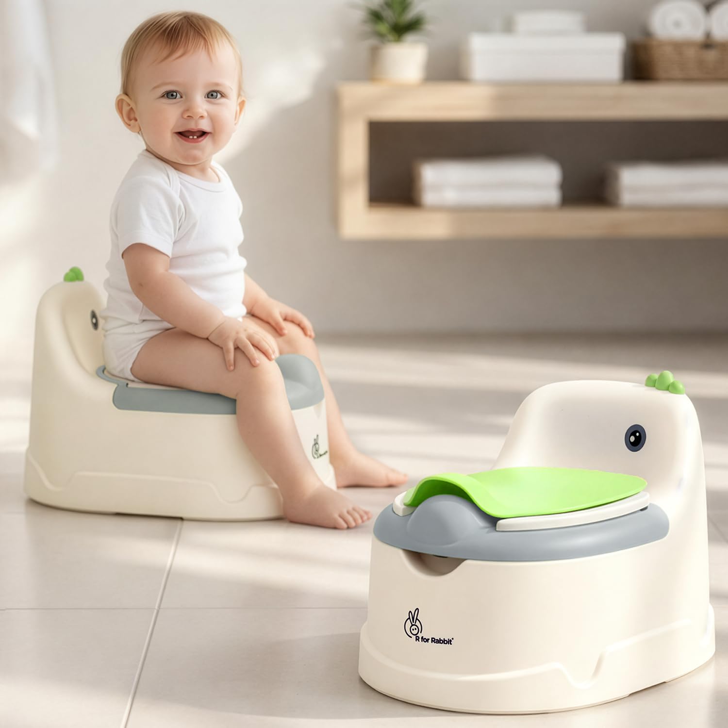 R for Rabbit Tiny Tots Dino Potty Seat Comfortable Potty Training Removable Bowl Anti-Slip Pads Ergonomic Design for New Born Baby/Infant/Kids Weight Up to 50 kg 1 to 7 Years (White Green)-image-45