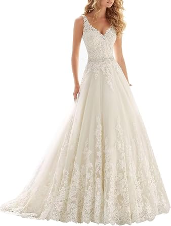 Fair Lady Wedding Dresses for Bride 2026 V Neck Beaded Straps Lace Appliques Bridal Gown for Women