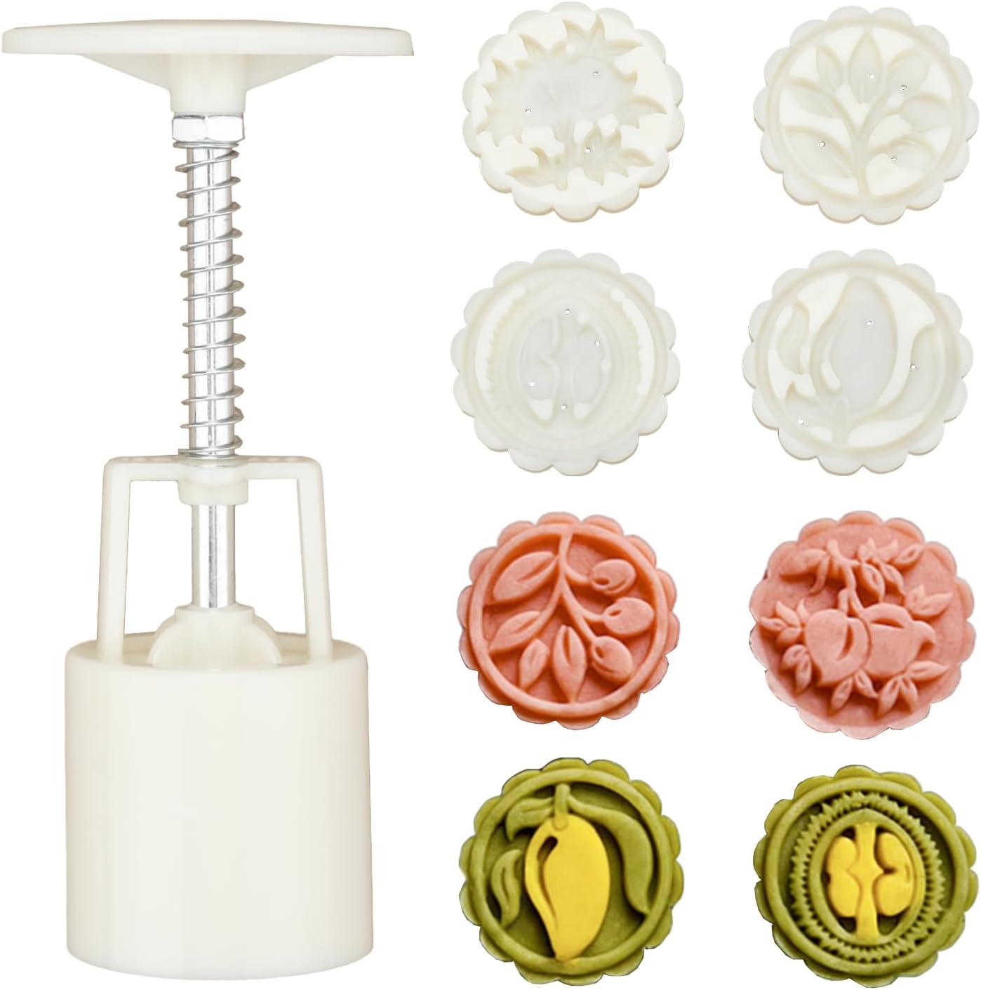 Mooncake Mold 4 PCS, Hand Press 50g Cookie Stamps，Moon cake Mold Thickness Adjustable，Cute Patterns DIY Moon cake Mold,Mid Autumn Festival DIY (L)