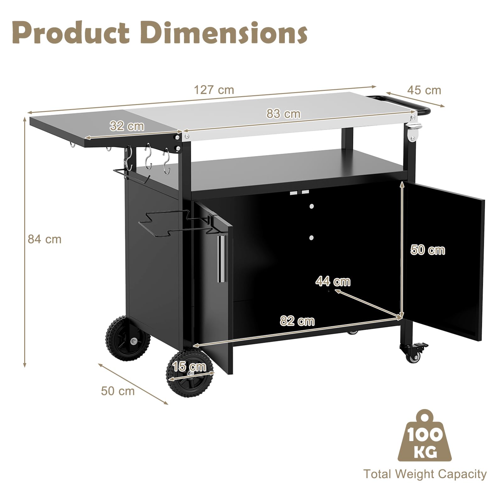 KOMFOTTEU Carro de Barbacoa con Encimera de Acero Inoxidable Plegable, Carrito Auxiliar con Armario con Puertas, Ganchos y Soporte para Bolsas de Basura, Carro para Parrilla con Toallero