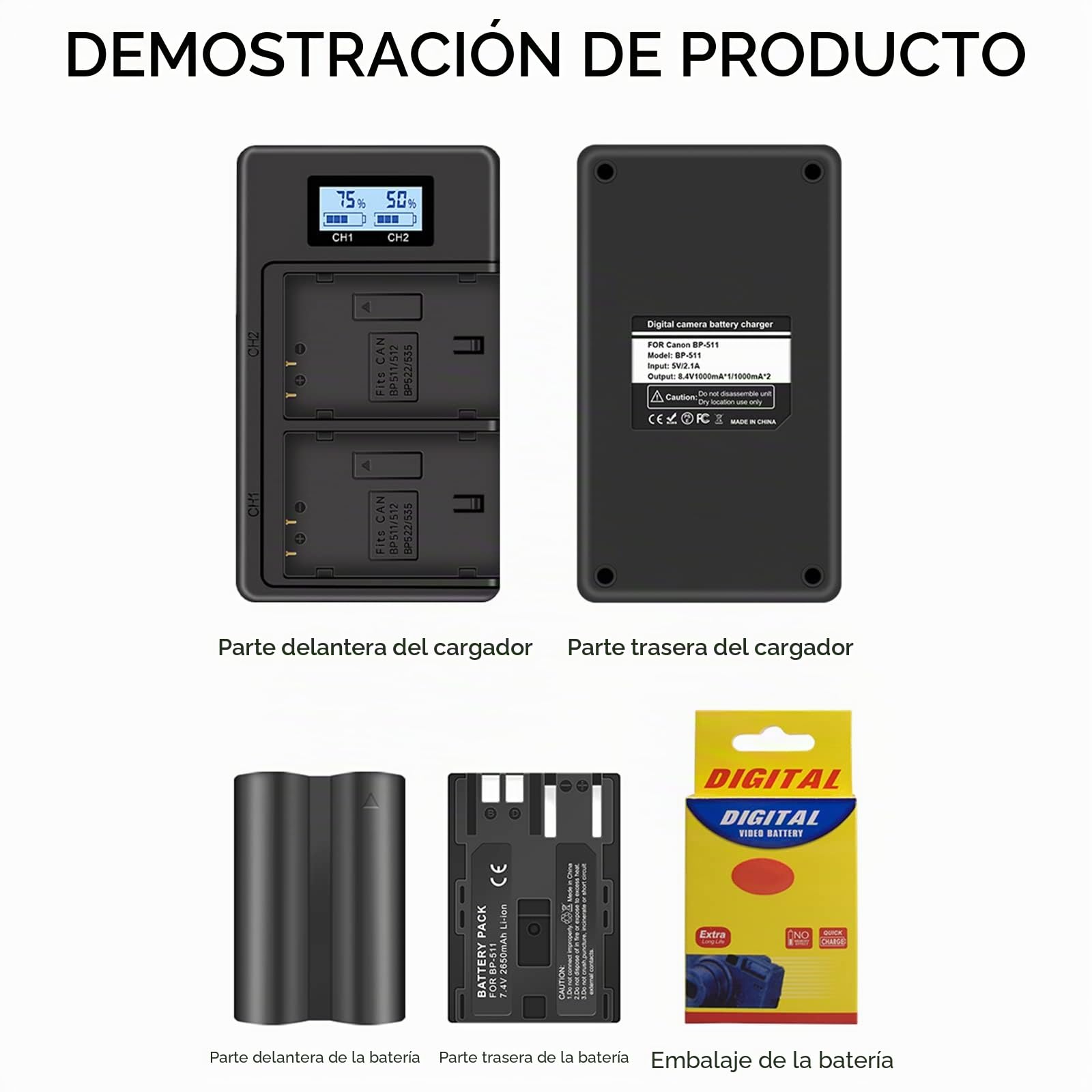 CITYORK 2 unidades 2650mAh BP-511 Batería + Cargador USB Dual LCD para Canon BP-511 BP-511A Canon EOS 5D, 50D, 40D, 20D, 30D, 10D, Digital Rebel, D60, 300D, D30