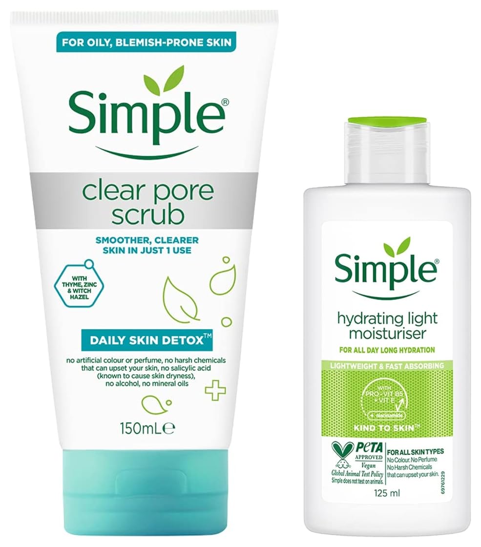 simple Kind To Skin Hydrating Light Moisturiser Oil, 125 Ml & Daily Skin Detox Clear Pore Facial Scrub, With Witch Hazel, 150 Ml