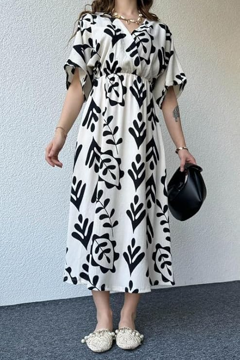 Image of Women's Summer Midi Dress - Floral Print V-Neck Casual Loose Fit Beach Dress with Short Sleeves and Elastic Waist 100% Cotton, Black and White