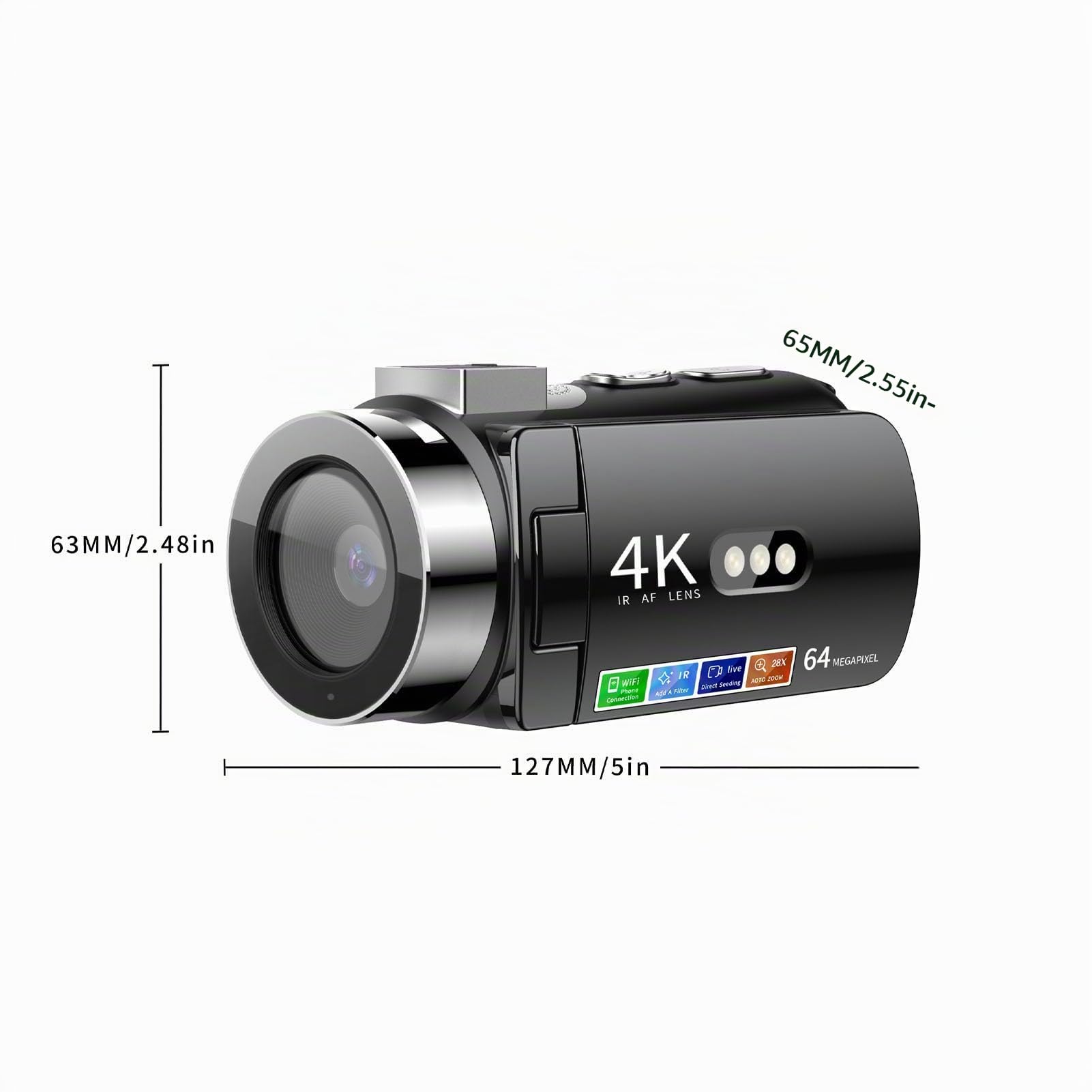 Fabater Caméra Vidéo, Caméscope Ultra HD 4K 64MP, Enregistreur de Caméra WiFi Vlogging 3 Pouces avec Zoom Numérique 28X, Vision Nocturne IR, Batterie de 4800mAh pour Youtube