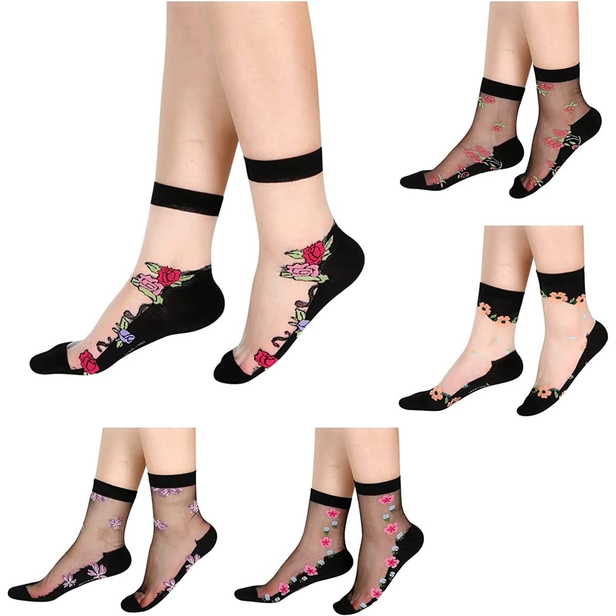 nicsy Women's Girls Multi Design Nylon Socks Transparent Ankle Length Floral Socks Pack Of 10 Free Size-picture-39