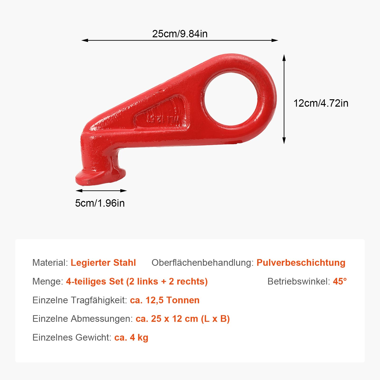 4pcs Containerhaken legierter Stahl,12.5T Tragfähigkeit (2 links+2 rechts)