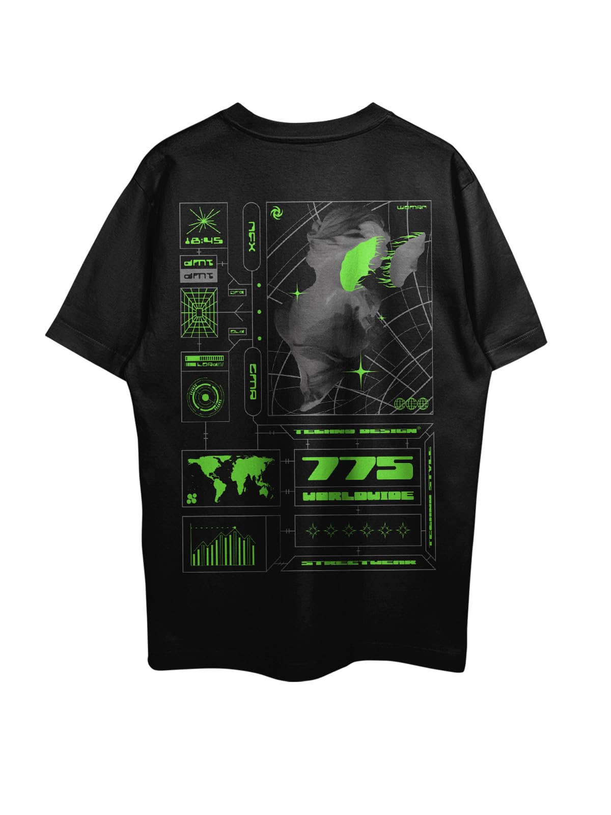 THREADCURRYTechno Psychedelic Trance Above the Earth Street Wear Oversized Printed T-shirt for Men | Half Sleeves Baggy T Shirts | Drop Shoulder Cotton Loose Tee for Men