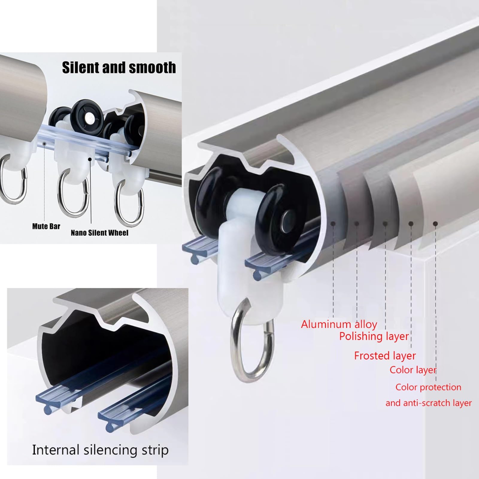 Montowany na suficie system szyn do zasłon do użytku wewnątrz, aluminiowy pręt 3,6 m z przesuwnymi haczykami, idealny do przegród sypialni i pokoju, stylowe szare wykończenie