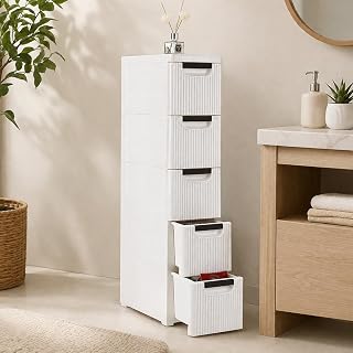 5-Tier Slim Storage Cabinet, Narrow Gap Rolling Plastic Drawer Organizer, 19×42×90cm Space Saving PP Storage Unit with Wheels for Bathroom Kitchen Living Room