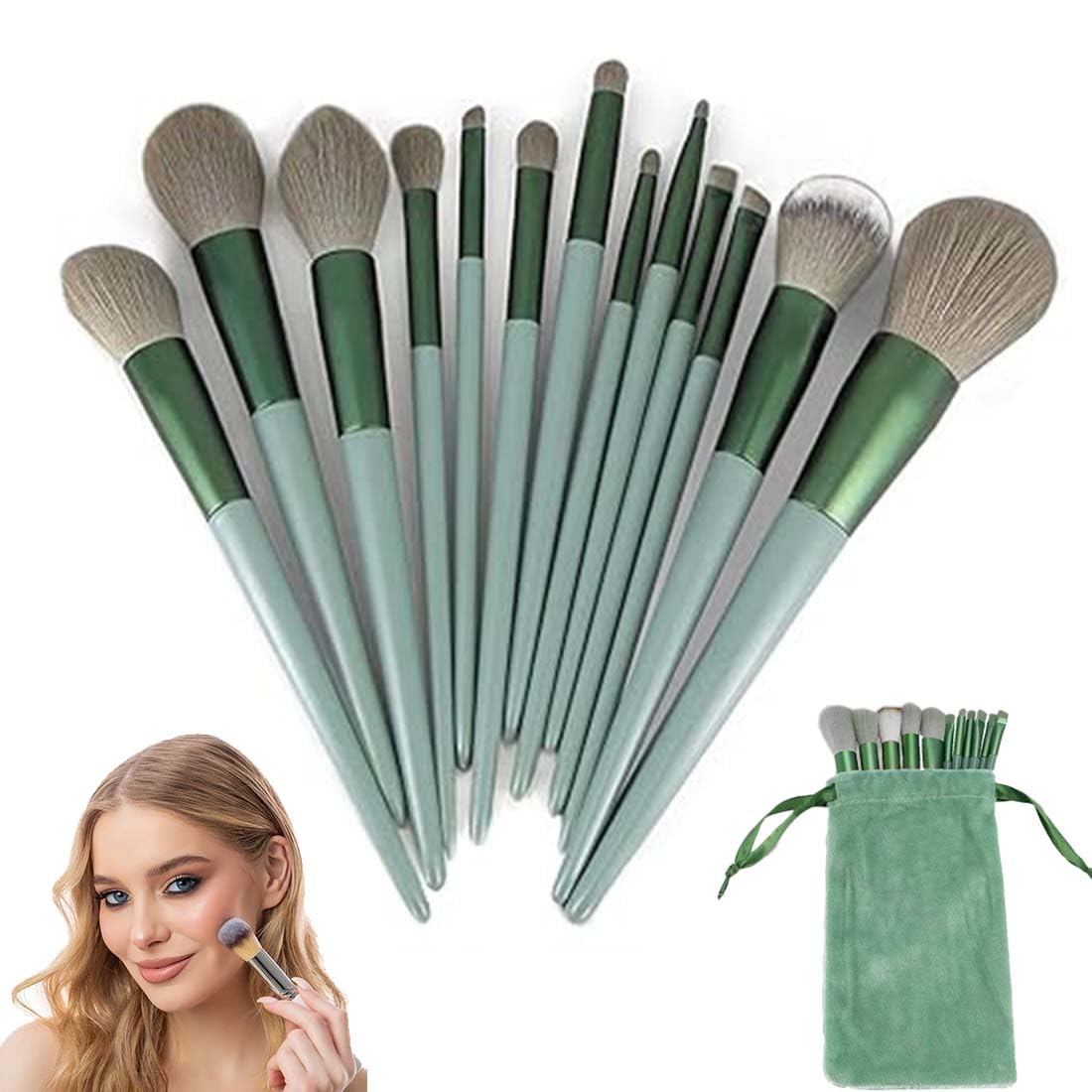 XURJUMI Set de Brochas de Maquillaje de Viaje - 13 Pinceles Profesionales con Bolsa Franela Almacenamiento, Brochas Sintéticas para Base, Colorete, Sombra de Ojos, Cejas, Rubor, Labios y Rímel