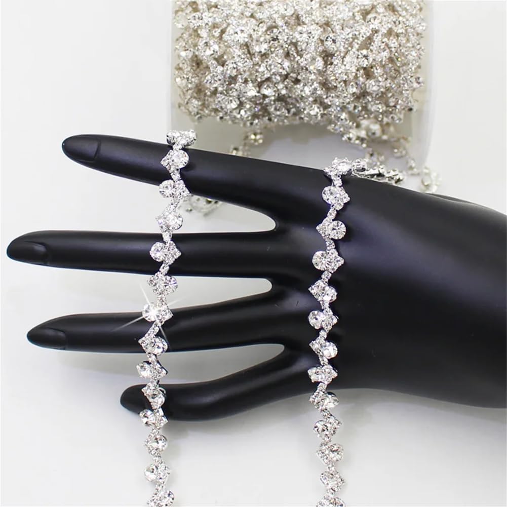Generic 1/5Yards 1Cm S-Shape Small Round Drill Crystal Metal Chain Wedding Dress Decoration Rhinestone Trim Silver 5 Yards