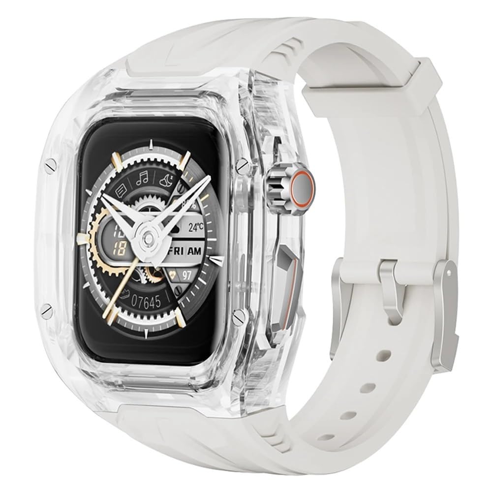 AMAUPCKCA Luxury Metal Modification Kit For Apple Watch Series 9 8 7 45mm 6 5 4 SE 44mm Rubber Band IWatch Refit Mod Kit Bezel Case Band(Starligh Transparent,44mm)