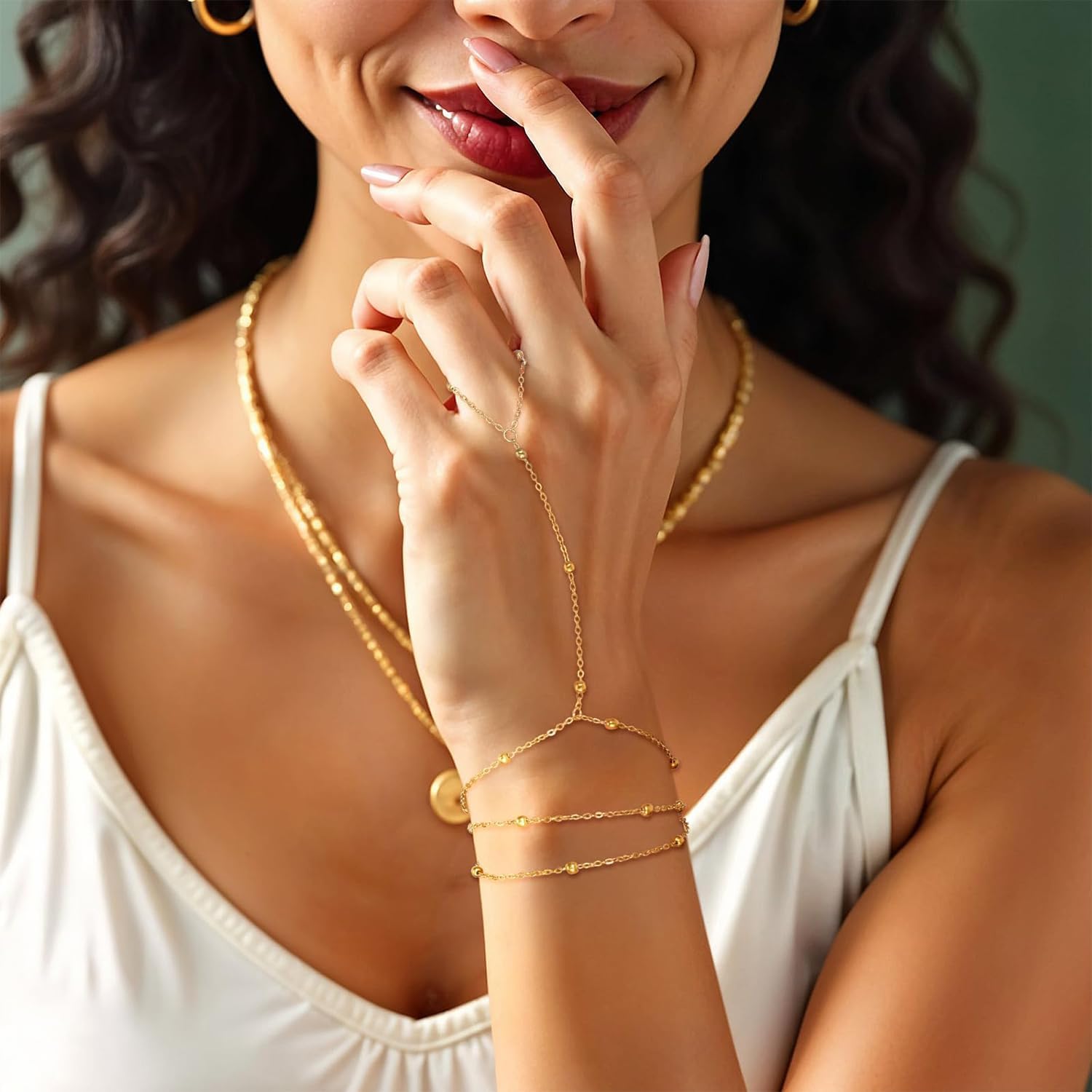 Hand Chain Bracelets for Women 14K Gold Plated Stainless Steel Link Dainty Non Tarnish Finger Bracelets Ring Hand Chain Hand Jewelry Gifts for Women Trendy Stackable Charm Ring Bracelet - Image 7