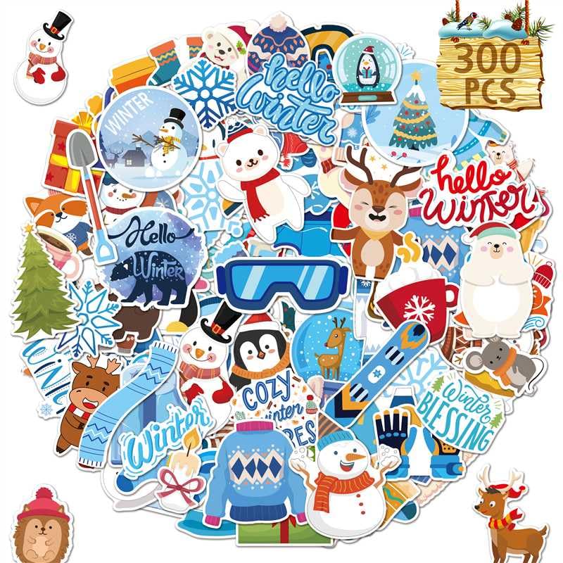 LINAYE 300 PCS Winter Stickers for Kids Non-Repeating Waterproof Adhesive Vinyl Cute Winter Snowman Stickers Bulk Pack for Kids Party Favors Gifts for Boys Girls