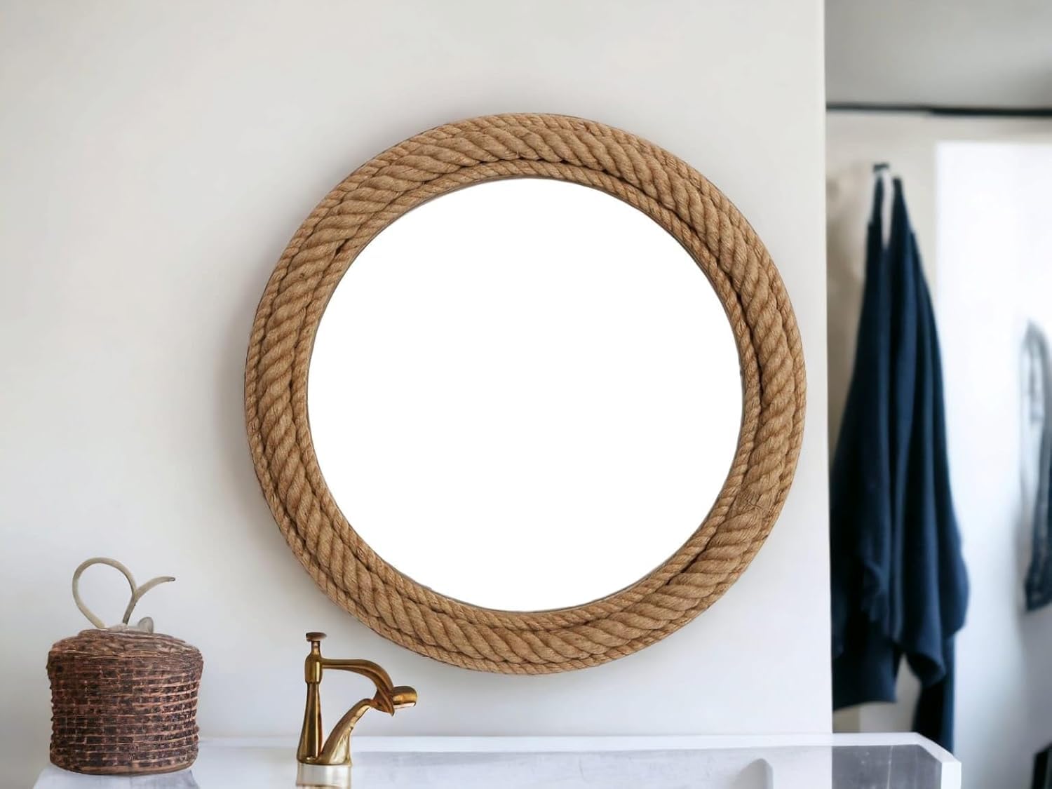 Vintage Wooden Mirror Rope Look Hardwood Round Wall Mount for Home Decor, Wall Mirror for Living Room, Bedroom, Bathrooom, Wash Basin, Full Length, Round Shape, Brown (18" Inches Round)-picture-25