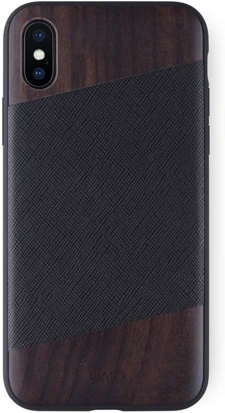 iATO iPhone Xs Case Wood & Leather. Unique & Classy Black Saffiano Genuine Leather & Real Natural Bois de Rose Wood iPhone Xs Case {Shockproof & Raised Lips} iPhone Xs Real Wood & Genuine Leather Case