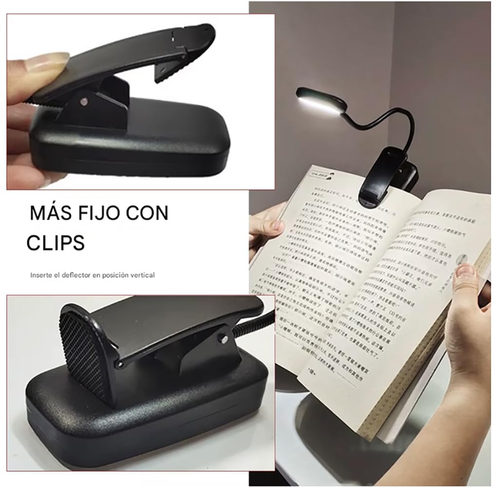 Luz lectura de libro con pinza de 5 leds, cuello flexible ajustable 360º, 3 pilas AAA NO incluidas, Lámpara portátil noche cama escritorio infantil estudiar (3 Pilas AAA NO incluidas)