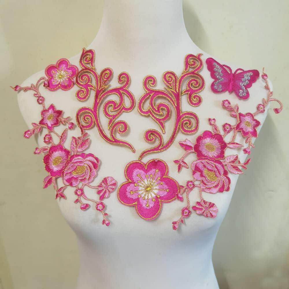 7pcs Big Flower Iron on Embroidered Appliques Patch Embroidered Lace Fabric Ribbon Trim Neckline Collar (Green)