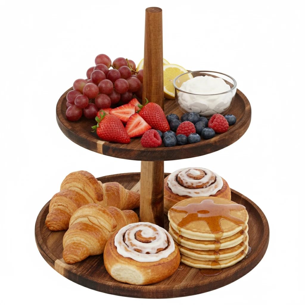 Urbn-Living Urbnliving 2 Tier Acacia Wood Cake Stand Rustic Display Round Serving Food Platter Rack Tea from B&Q