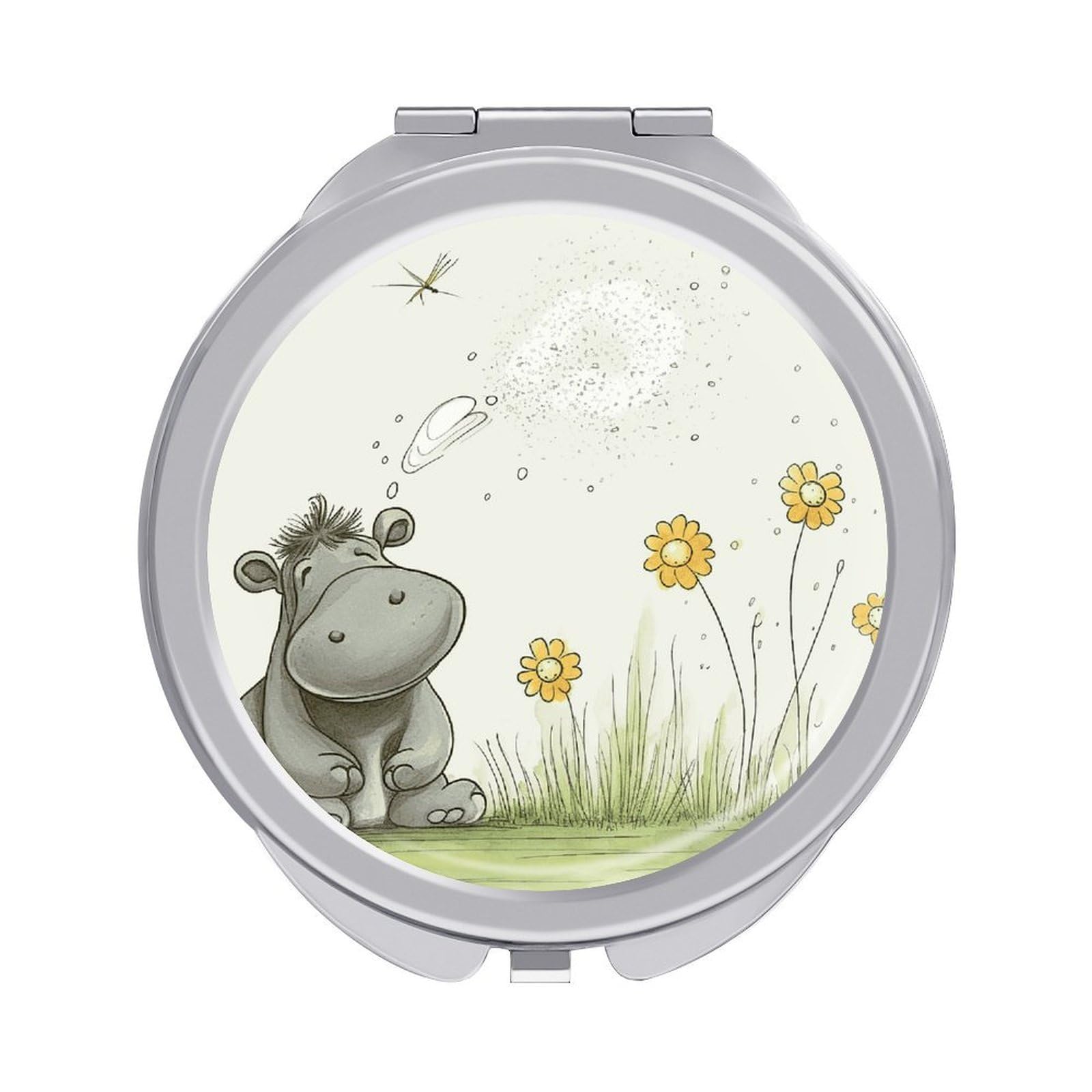JTREHY Hippo and Dandelion Makeup Mirror Silver Mirror Surface Folding Makeups Mirrors Lightweight Durable Looking Glass for Suitable Traveling Handbag and Purses