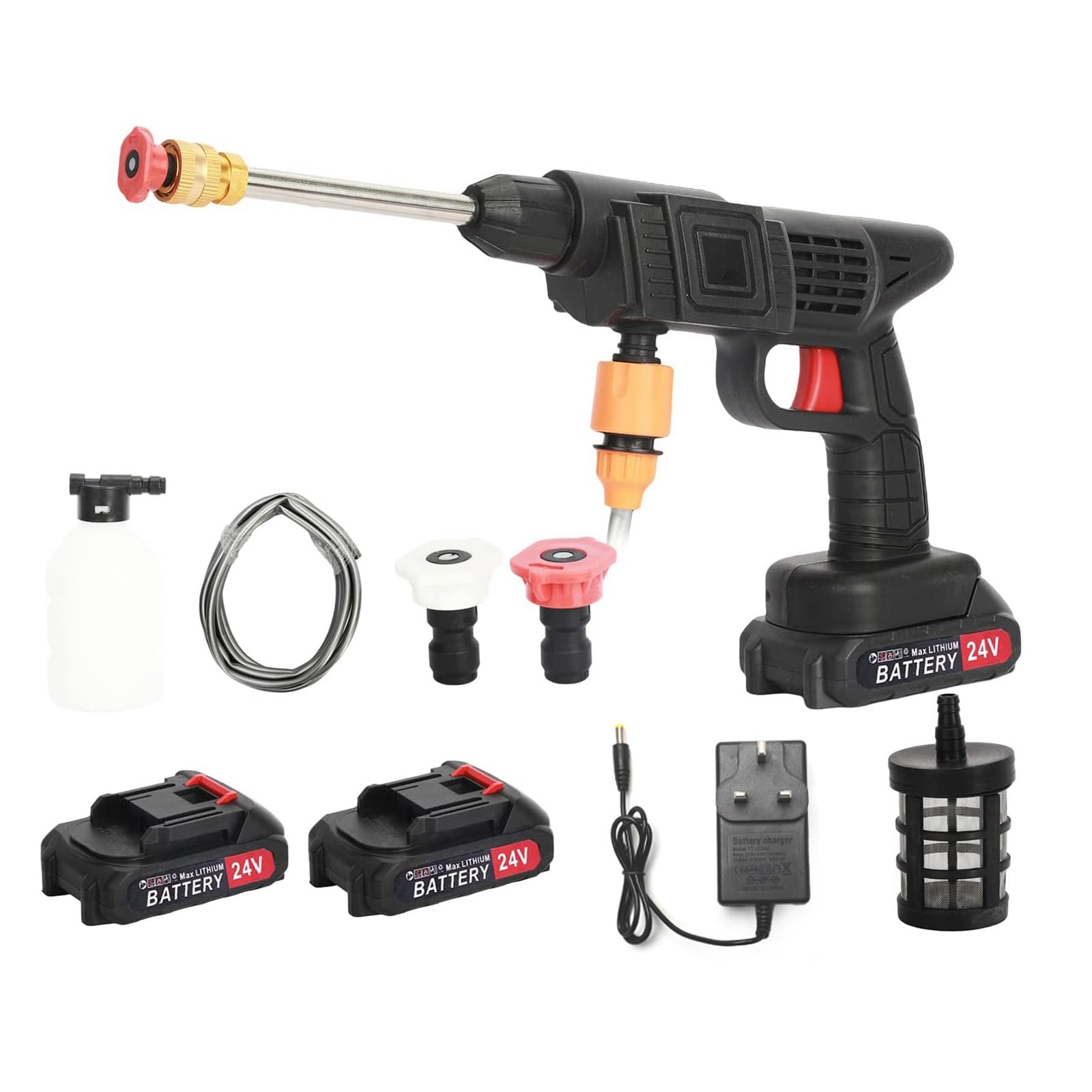 21V 35bar-High Pressure Cordless Pressure Washer, 6-in-1 Adjustable Nozzle, 240L/h Portable Pressure Washer with Battery, 5m Hose, for Car Floor Garden Cleaning Watering (2 batteries)