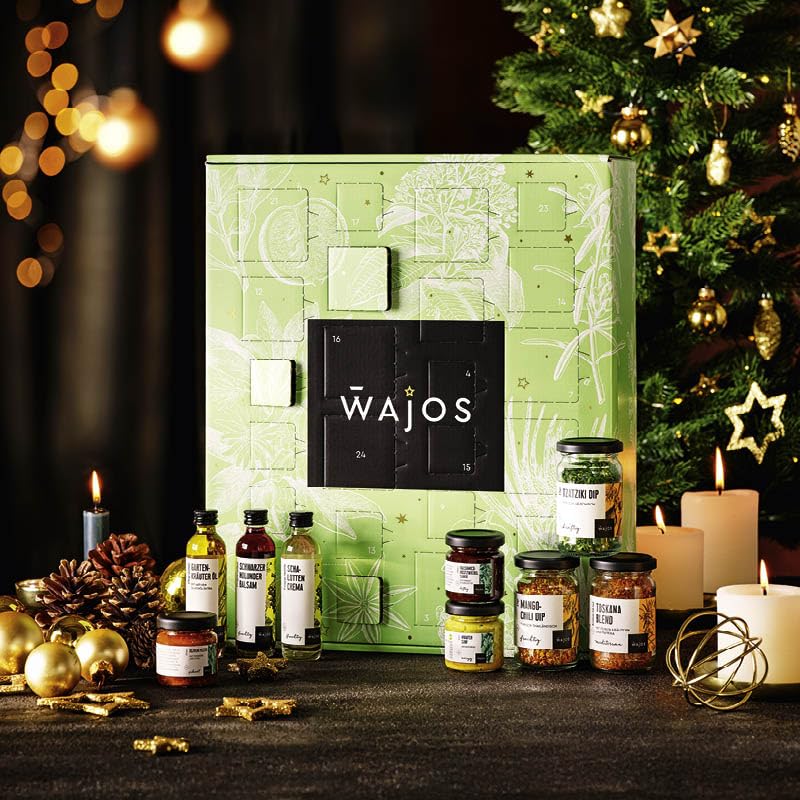 Wajos Calendario de Adviento para mujeres 2025: calendario de adviento vegano y especias para amantes con especialidades de vinagre y aceite, salsas, mostazas y productos del mundo de las especias y