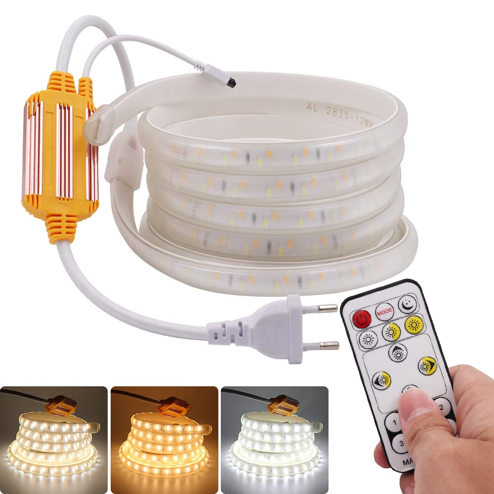 Dimmbar LED Streifen, 220V 2835 SMD 120LEDs/m 3000K Warmweiß bis 6500K Kaltweiß Lichtleiste, 3 Farben in 1 Strip, Flexible Kaltweiß LED Lichtschlauch CCT Abstimmbar mit IR Fernbedienung(7m)