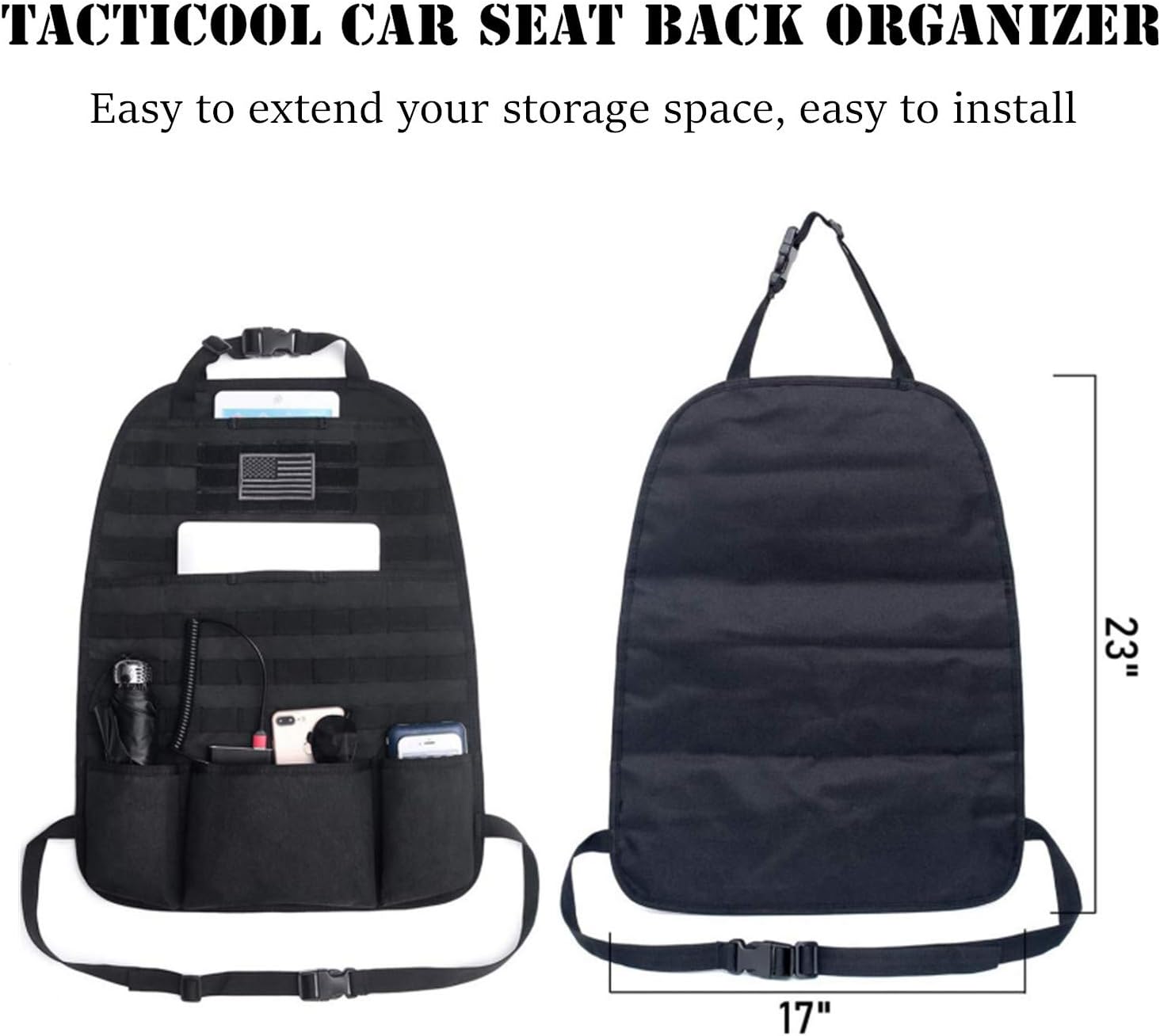 Tacticool Car Seat Back Organizer - Upgraded Tactical Molle Vehicle Panel Universal Fit Car Seat Cover Protector with Extra USA Flag Patch (2 Pack Black)