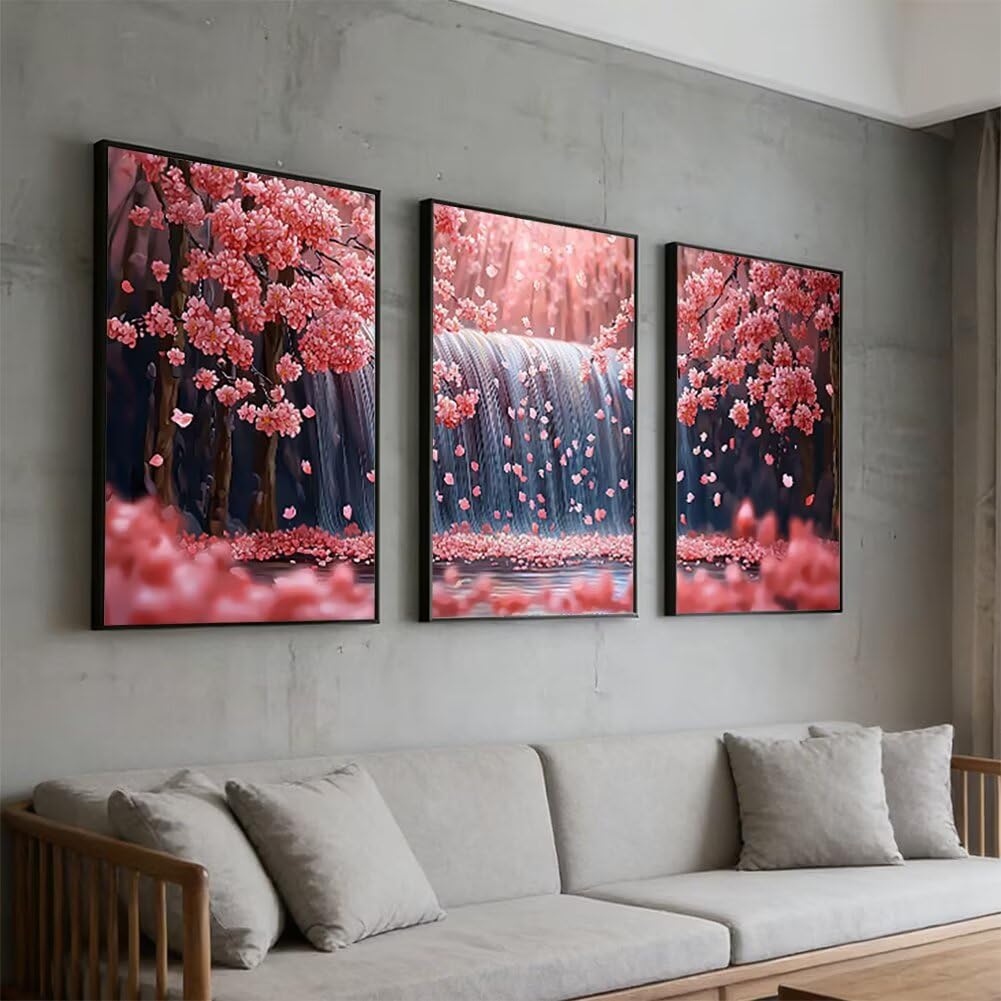 Wandbilder Blume 60x80cm, 3Pcs Leinwand Bilder Groß Wanddeko Wohnzimmer, Wasserfall Leinwand Bilder mit Rahmen, Moderne Wandbilder Wohnzimmer Poster Set mit Haken, Wand Deko Schlafzimmer Poster, -2066