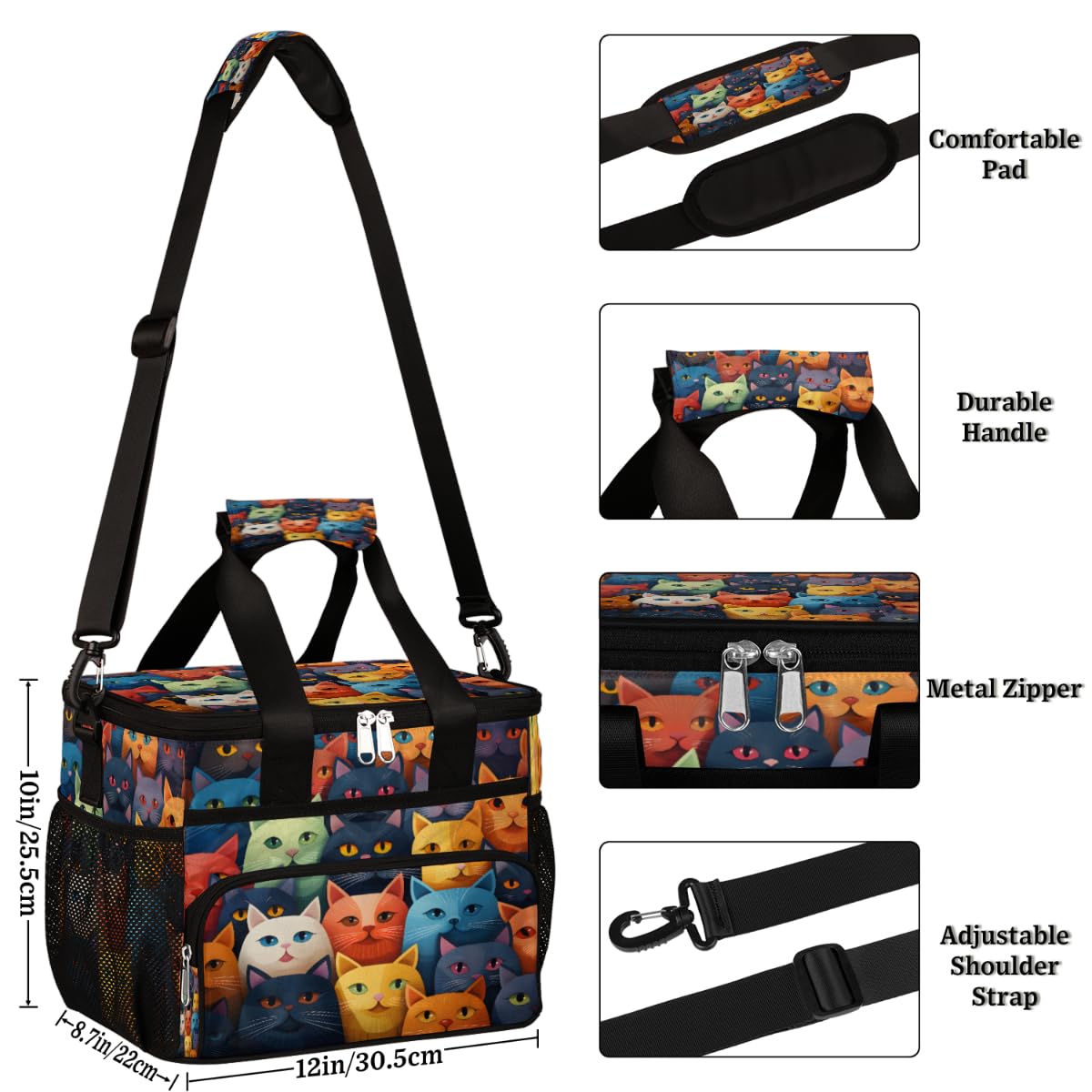 Colorful Cat Insulated Picnic Backpack Lunch Box for Women Men Picnic Basket Tote Lunch Bag Picnic Bag Portable Lunch Bags for Picnic, Beach, Work, Trip,Office, Camp Cartoon Cats