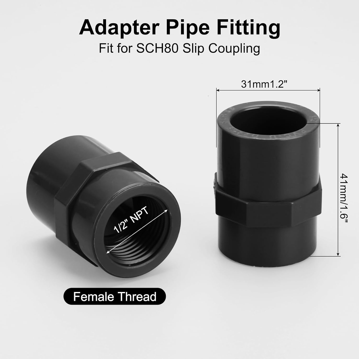 uxcell 6 Pcs 1/2" PVC Female Adapter Pipe Fitting Fit for SCH80 Slip Coupling Female to Female Threaded Pipe Coupling Connector with Sealing Tape, Socket x NPT Female, Dark Grey