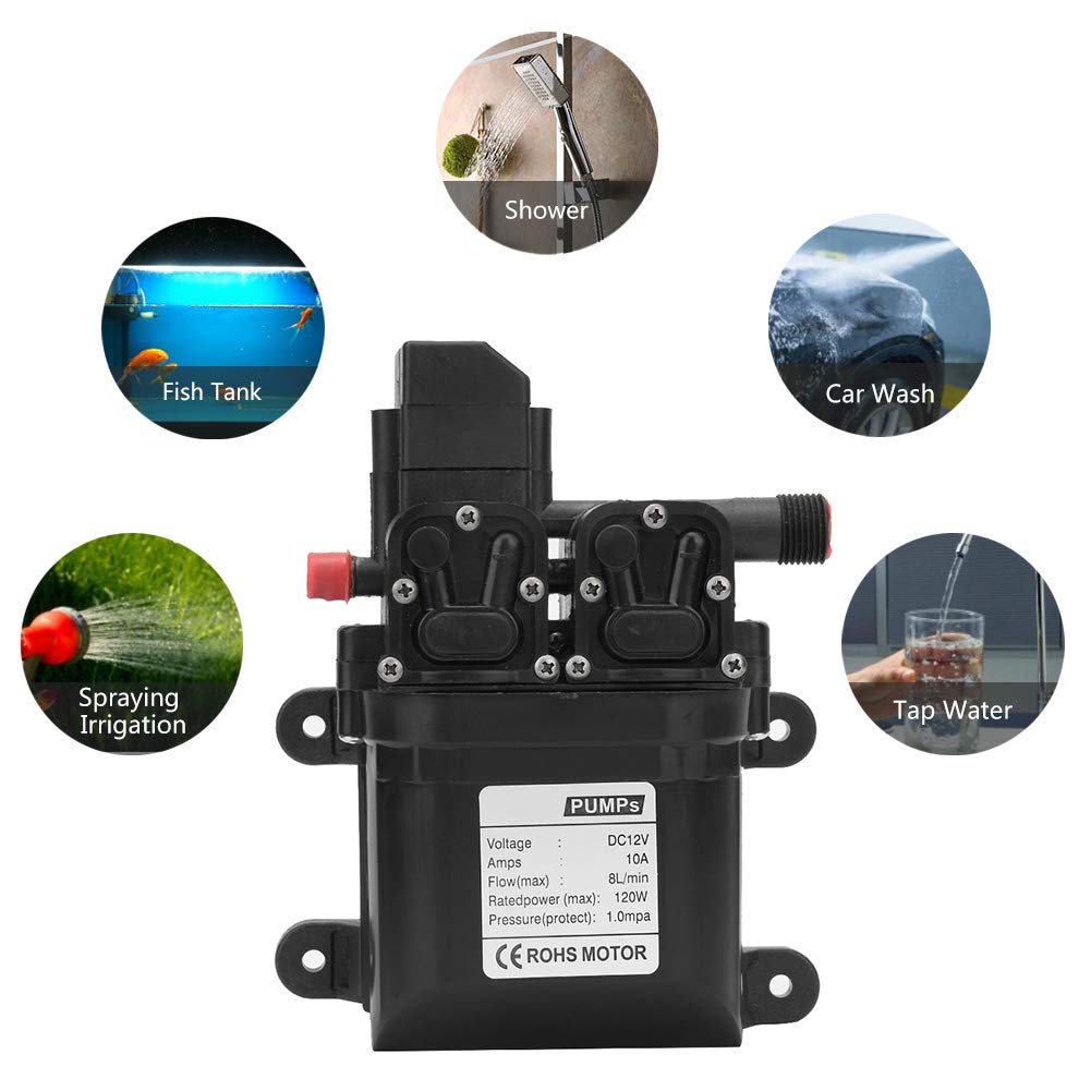 FTVOGUE DC 12V 120W Bomba de agua de diafragma autocebante Bomba de agua inteligente de doble succión con interruptor de presión automático (Negro), Various other pumps and accessories